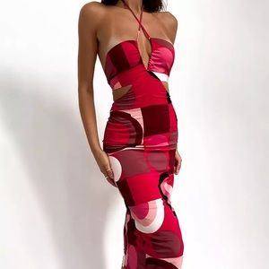 Lena Vie | Gia Print Red Sexy Halter Bodycon Midi Dress, Peekaboo Cut MIDI
